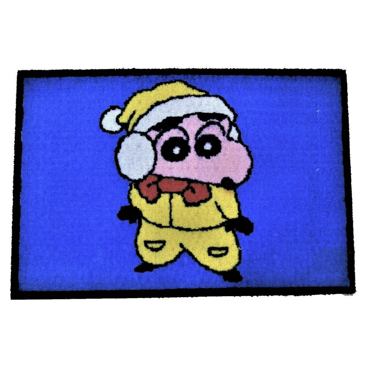 Blue kids play mat with a cartoon boy in a yellow Santa suit, shown flat, 45x75 cm