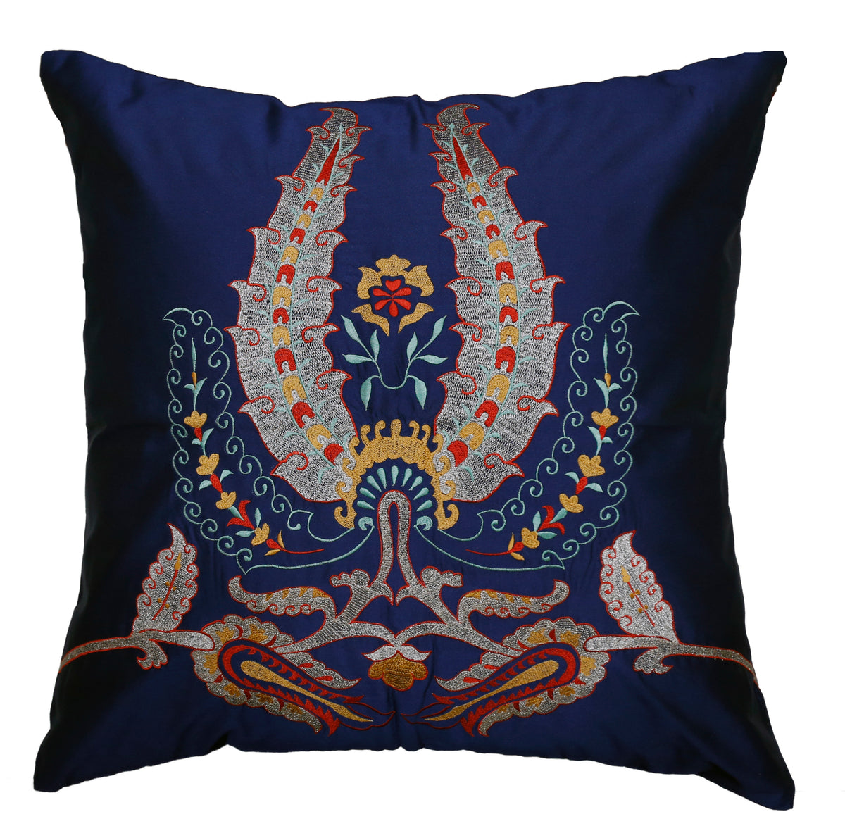 Navy blue cushion cover with an elaborate multicolour embroidered crown and floral motif