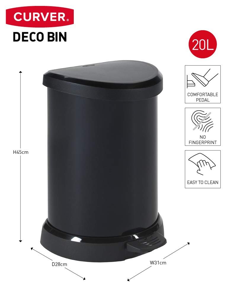 Curver Metal Effect Plastic Pedal Touch Deco Bin, Black, 20 Litre - Jagdish Store Online Since 1965