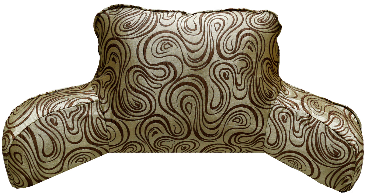 Bedrest reading cushion in a tone-on-tone gold and brown swirl-print fabric, front view