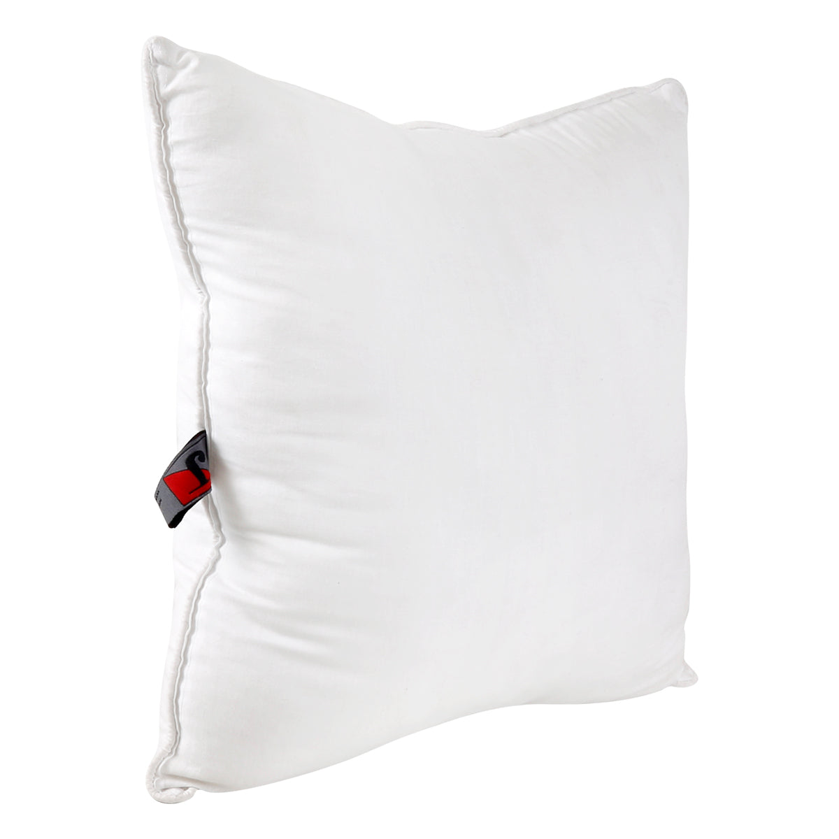 White polyfill cushion insert upright at an angle, corded seam and brand tag visible