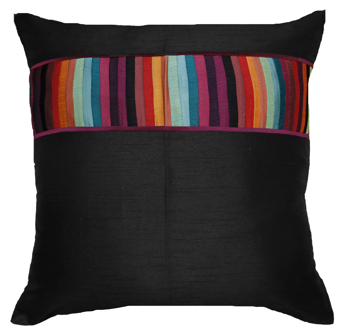 Black cushion cover with a multicolour vertical-stripe band across the centre