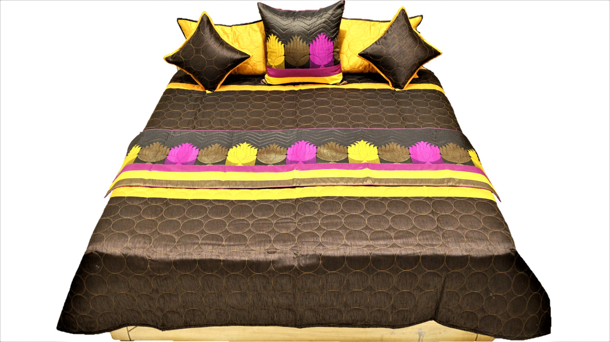 Marigold and brown reversible bedcover flat view with lotus band and four cushion covers