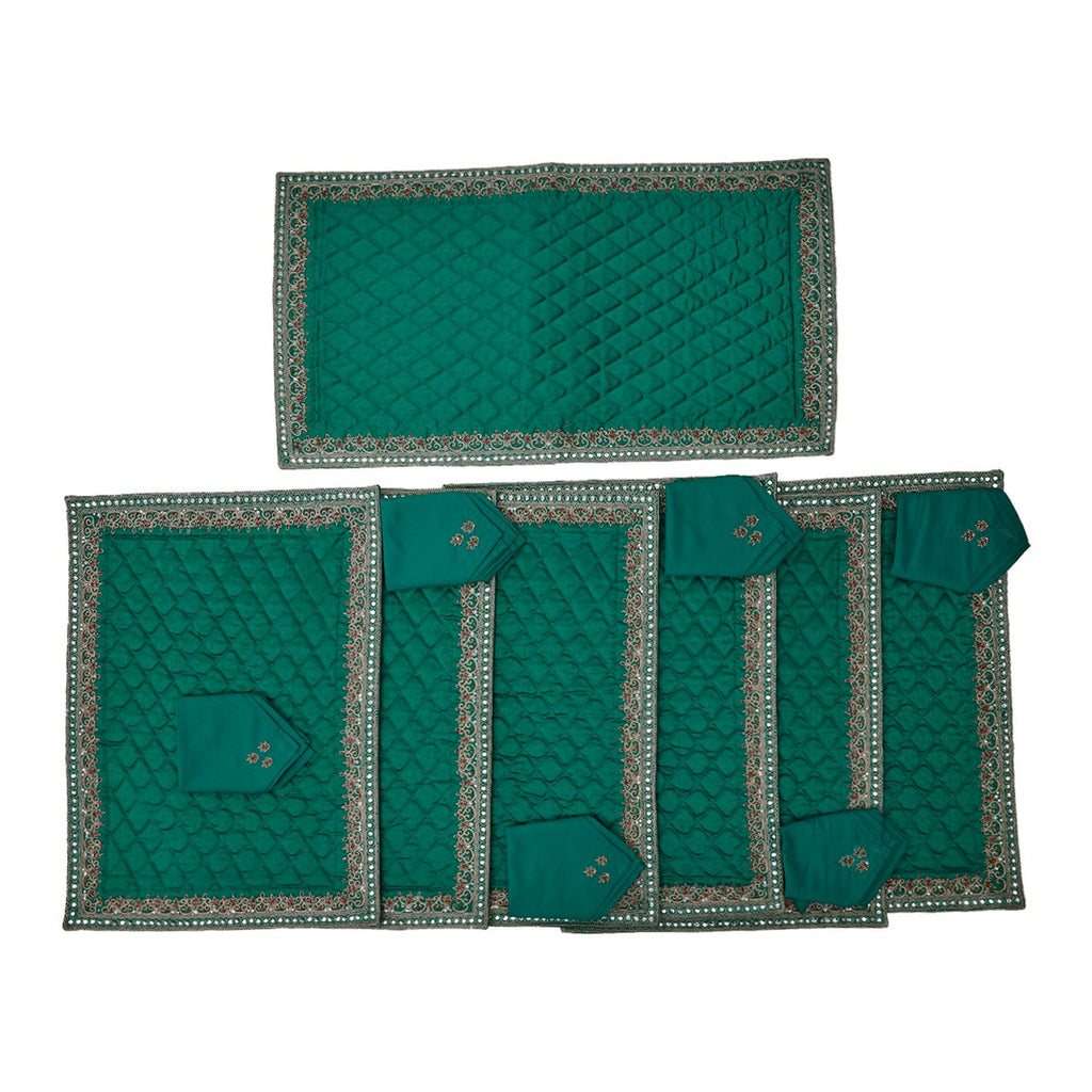 (Green) Sequence Work with Diamond Stitched line Table Mat-Silk(13 PCS Set) - Jagdish Store Online Since 1965