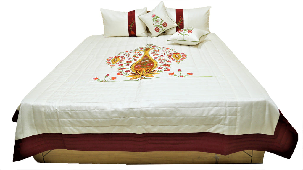 Flower Embroidery PolySilk Quilted BedCover Set-(1 bedcover+ 2 Pillow Covers + 2 Cushion Covers) - Jagdish Store Online Since 1965