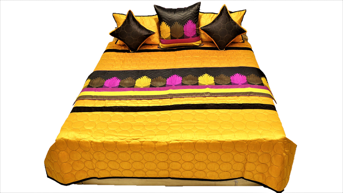 Marigold and brown reversible bedcover flat view with lotus band and four cushion covers