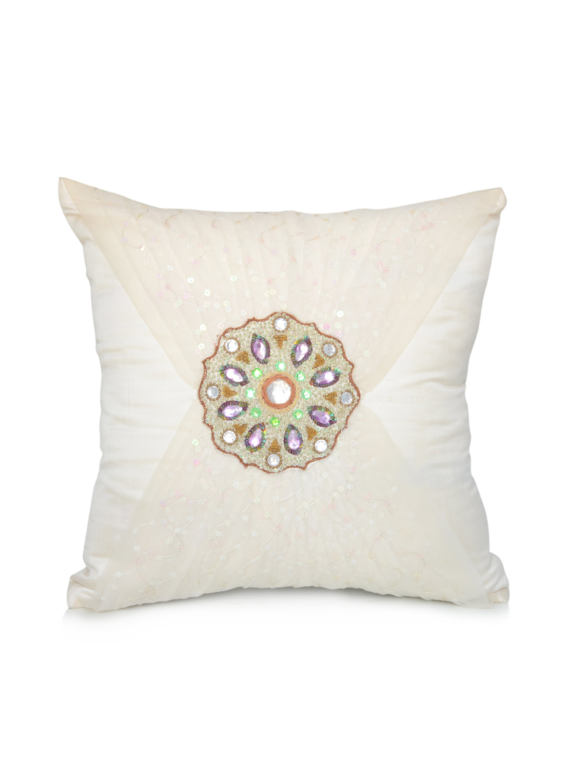 Cream polysilk cushion cover with a single beaded circular medallion at the centre