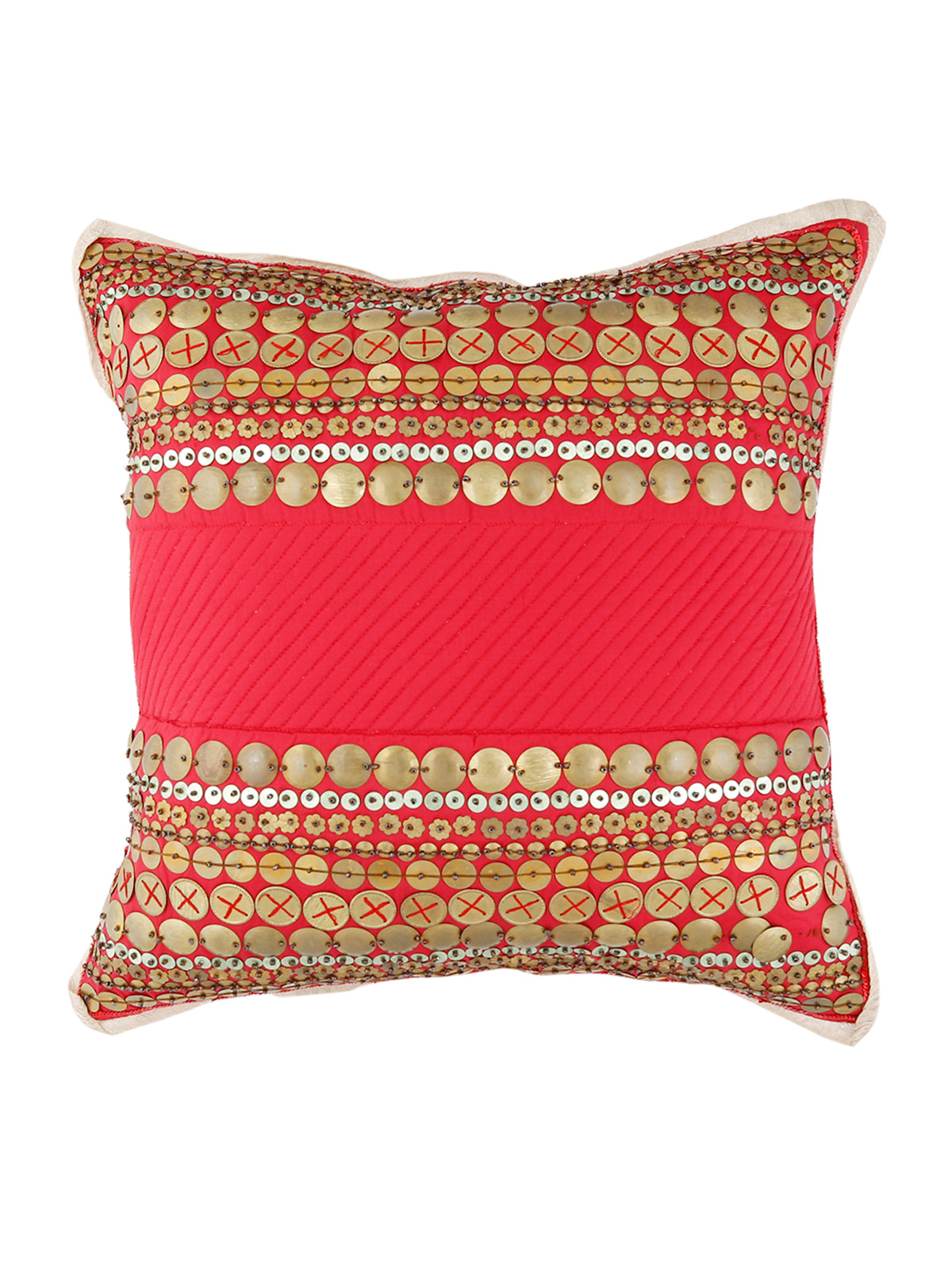 Coral red silk cushion cover with gold sequin embroidered bands above and below a plain panel