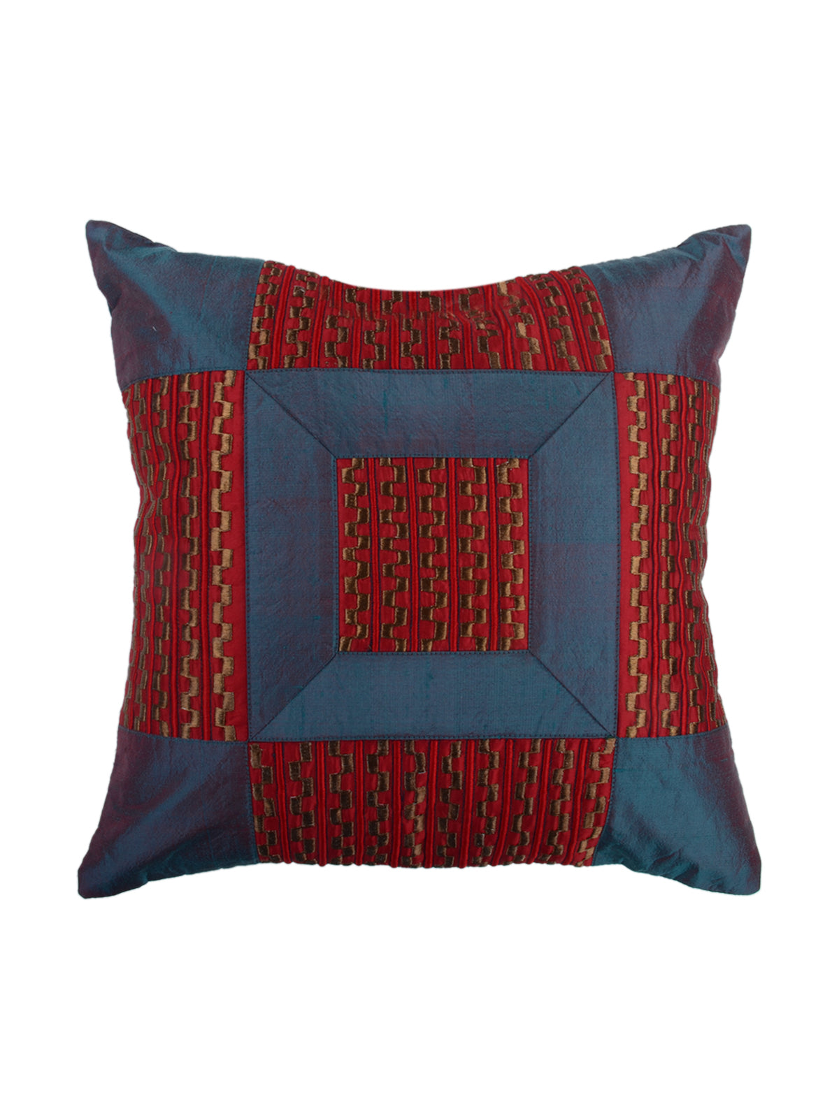 Dark blue art silk cushion cover with a maroon quilted patchwork square at the centre