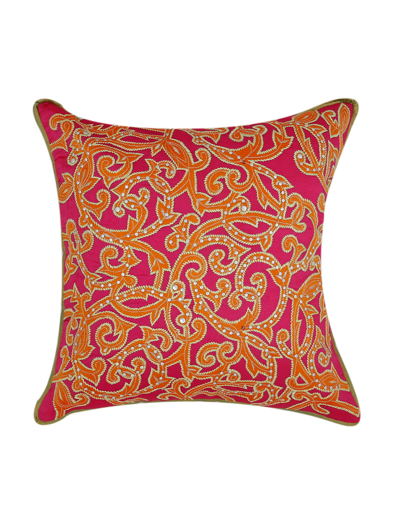 (Orange)Patch Work-Silk Cushion Cover(Magenta) - Jagdish Store Online Since 1965