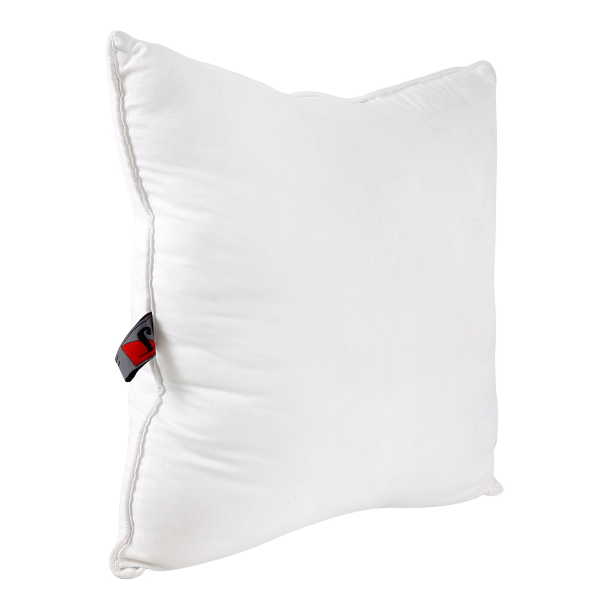 White polyfill cushion insert upright at an angle, corded seam and brand tag visible