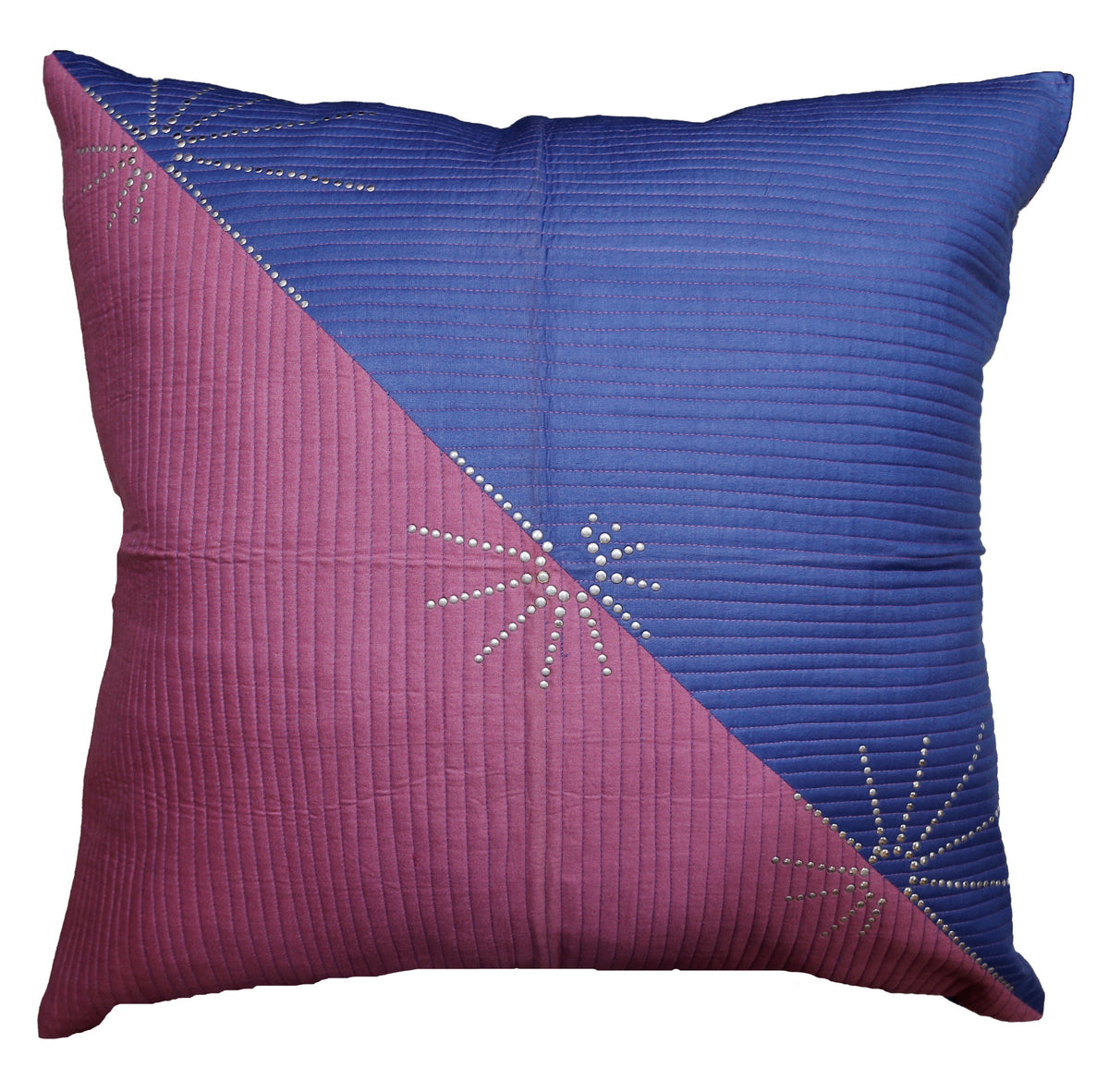 Diagonally split blue and mauve-pink pinstripe cushion cover with silver starburst bead embellishments