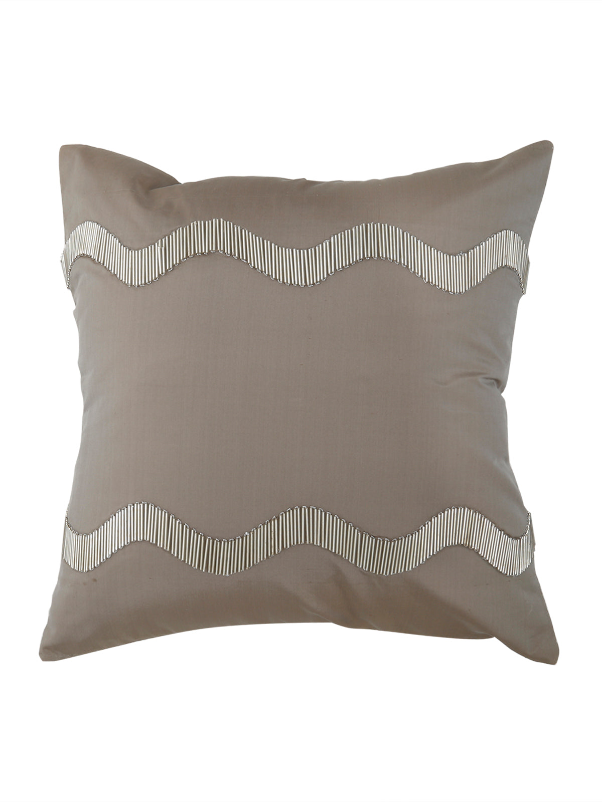 Taupe grey cushion cover with two white zigzag chevron embroidered bands