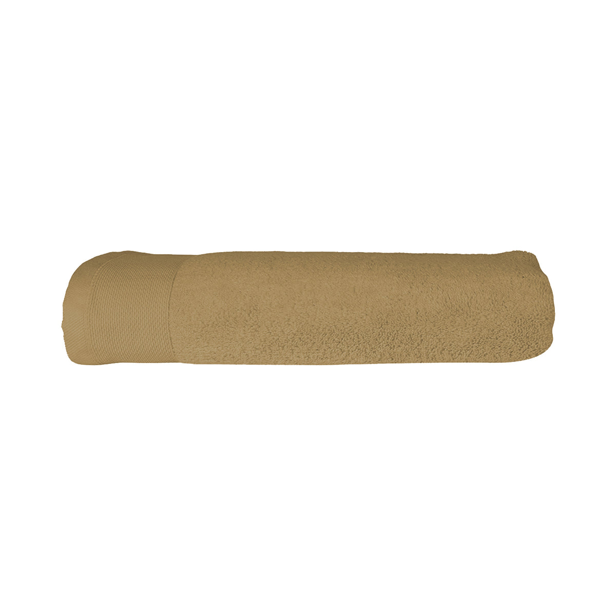 Beige Micro Cotton Lea Blanc bath towel rolled, close-up view of the woven border