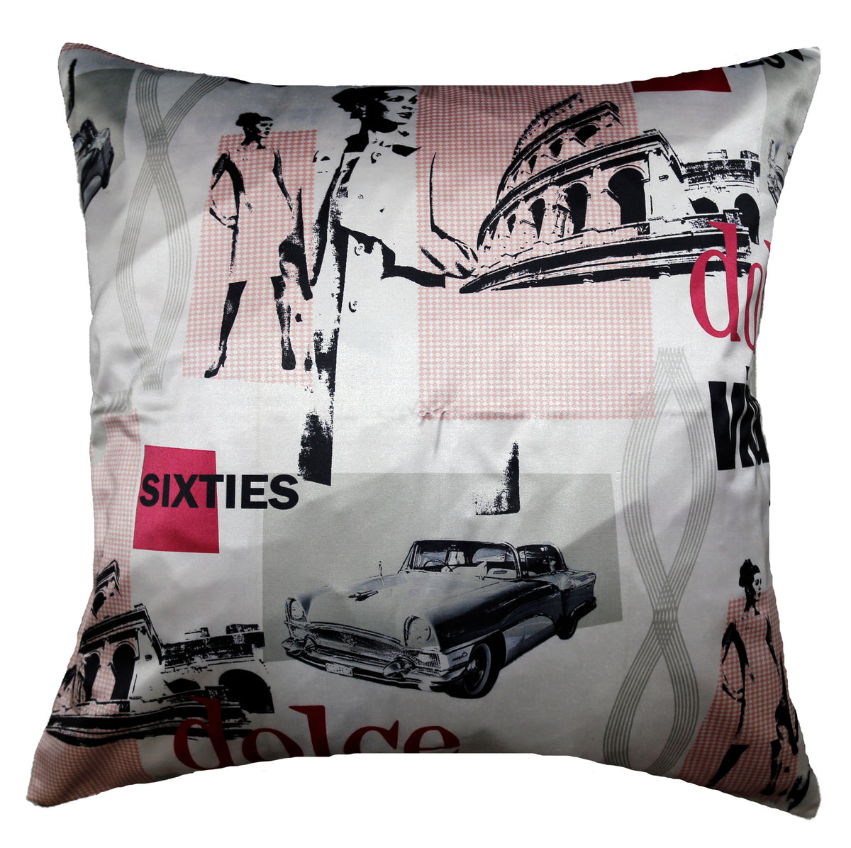 Cream cushion cover with a multicolour pop-art fashion print featuring vintage cars, architecture, and 'Sixties' graphics