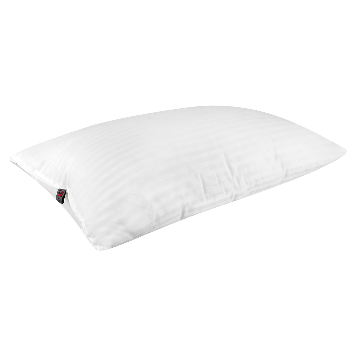 White satin stripe pillow insert lying flat with the brand tag on the seam