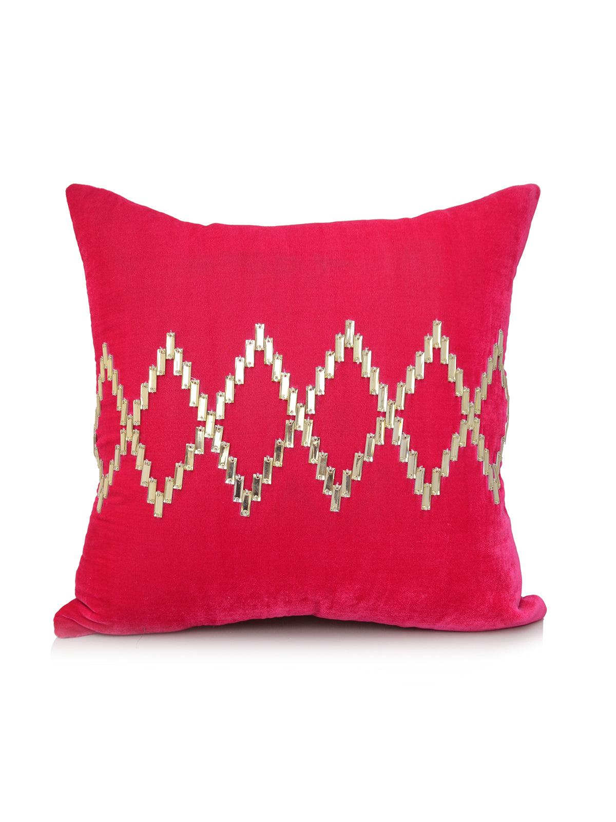 Raspberry pink velvet cushion cover with a gold sequin zigzag diamond band