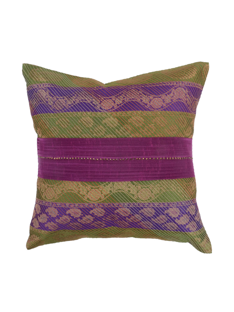 (Green/Purple)Banarsi-Dupion Silk Cushion Cover - Jagdish Store Online Since 1965