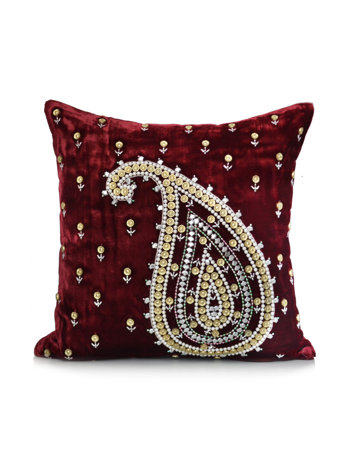 Maroon velvet cushion cover with a pearl beaded paisley motif and scattered gold beads