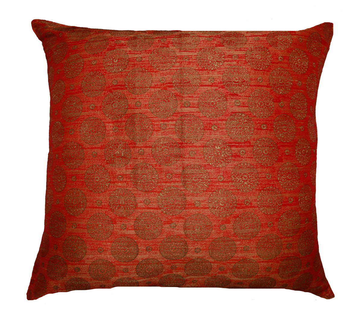 Red cushion cover with an allover gold medallion brocade pattern