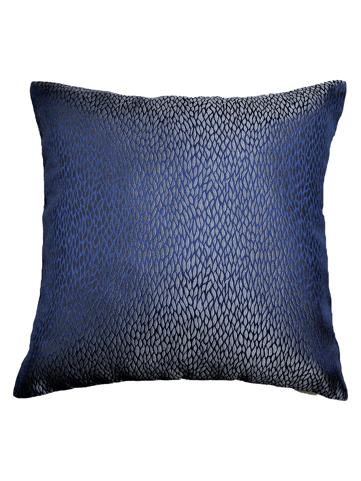 Navy blue cushion cover with an all-over metallic feather-leaf jacquard texture