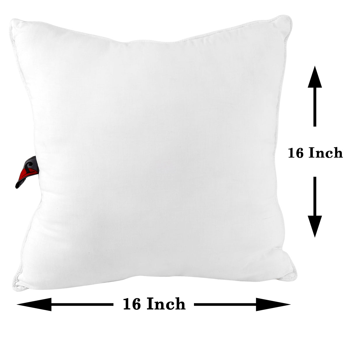 White square polyfill cushion insert with 16 x 16 inch dimensions marked