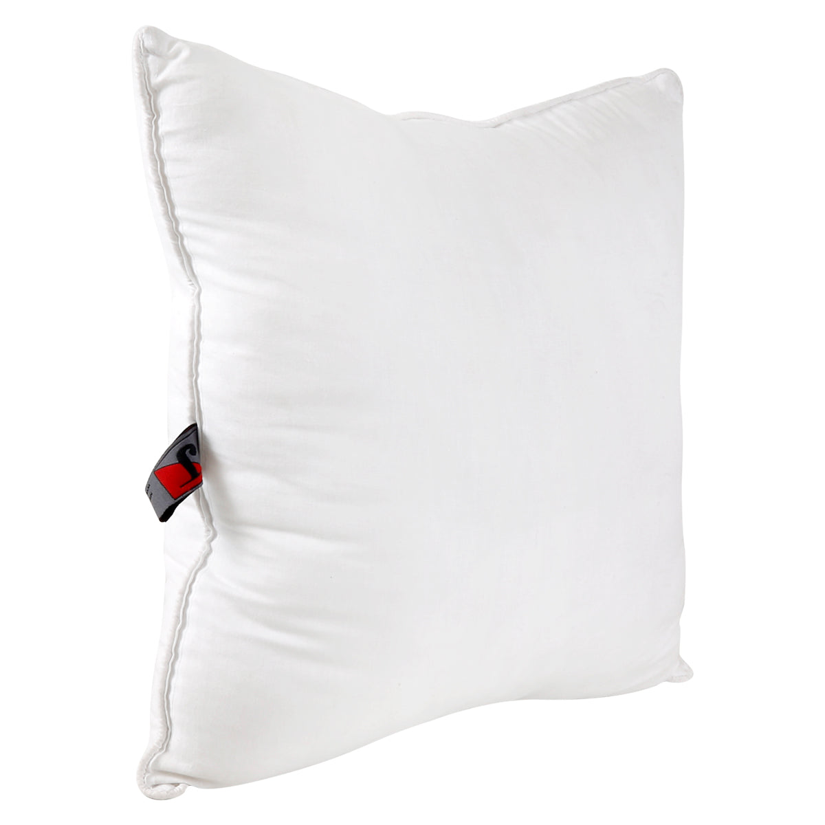 White polyfill cushion insert upright at an angle, corded seam and brand tag visible