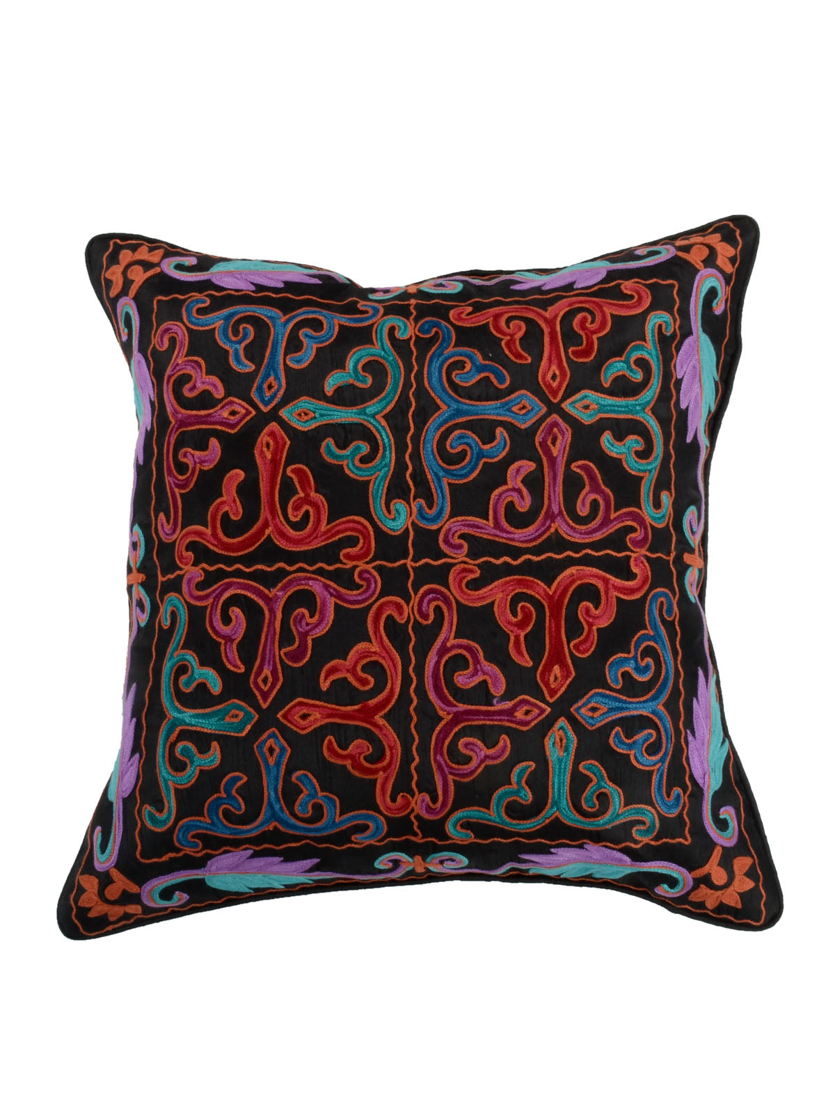 Multicolor embroidered polyester cushion cover black base 16x16 inch