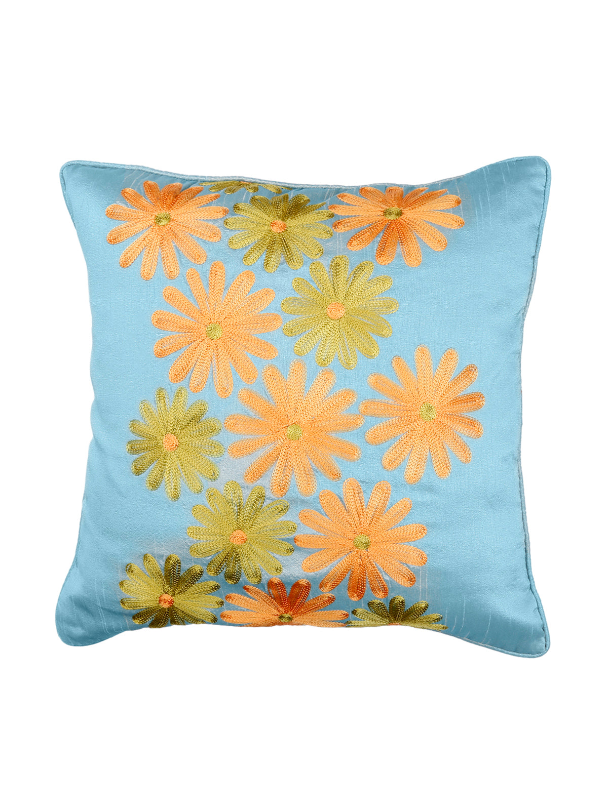 Pale blue cushion cover embroidered with orange and yellow daisy blooms and green leaves