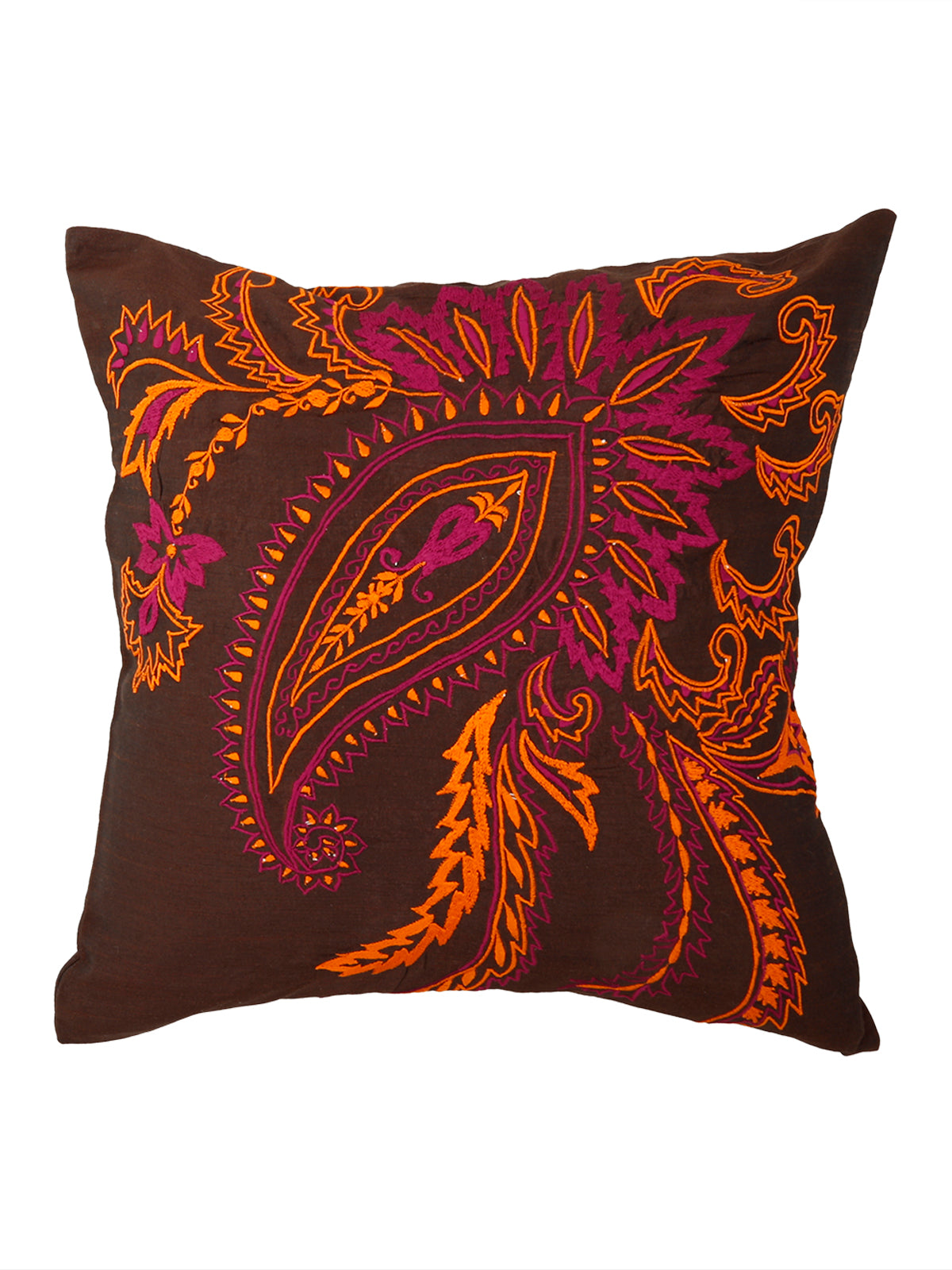 Dark brown polysilk cushion cover with a large orange, pink and magenta embroidered paisley