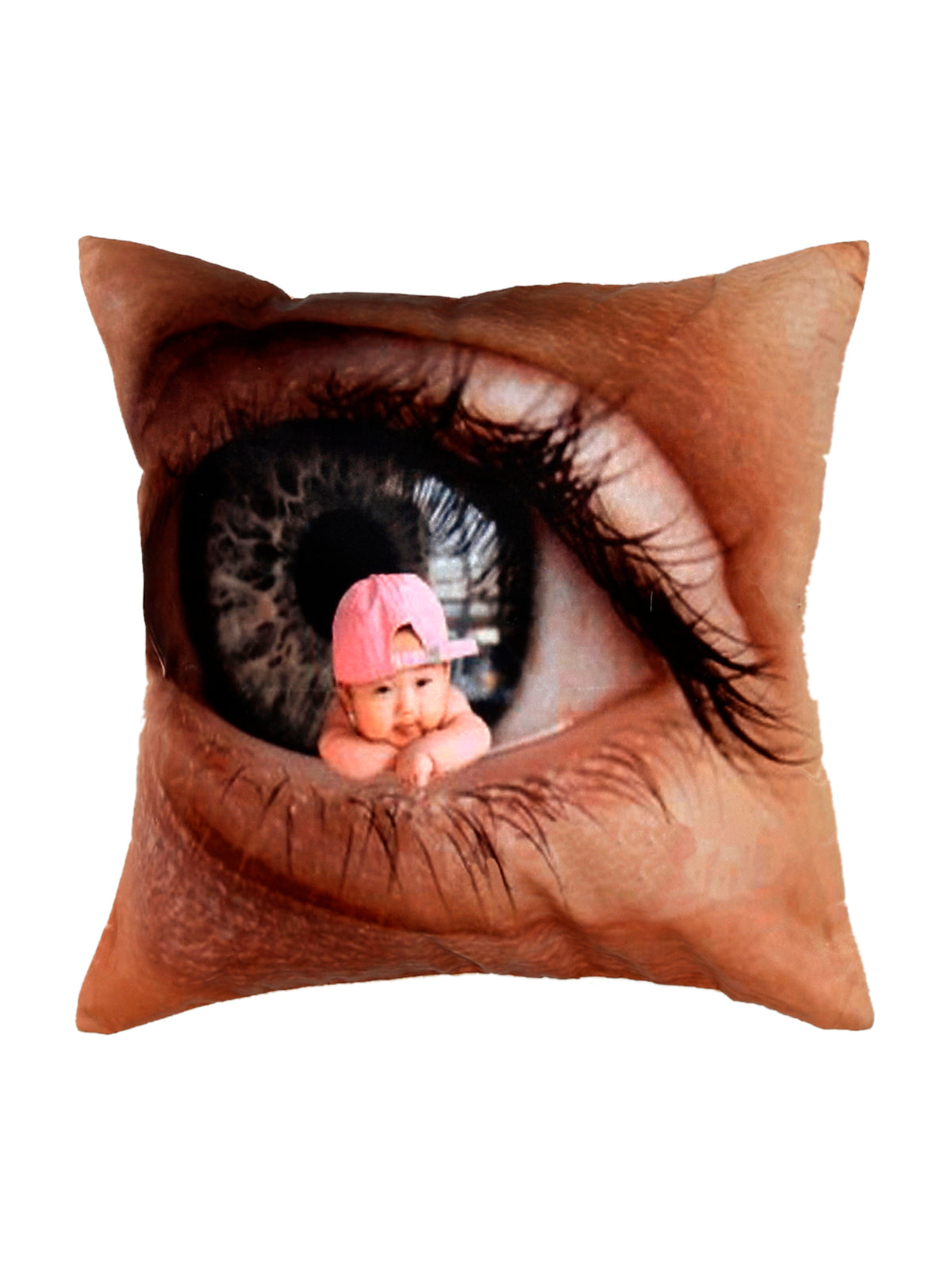 Satin cushion cover printed with a photographic close up of an eye with a baby reflected