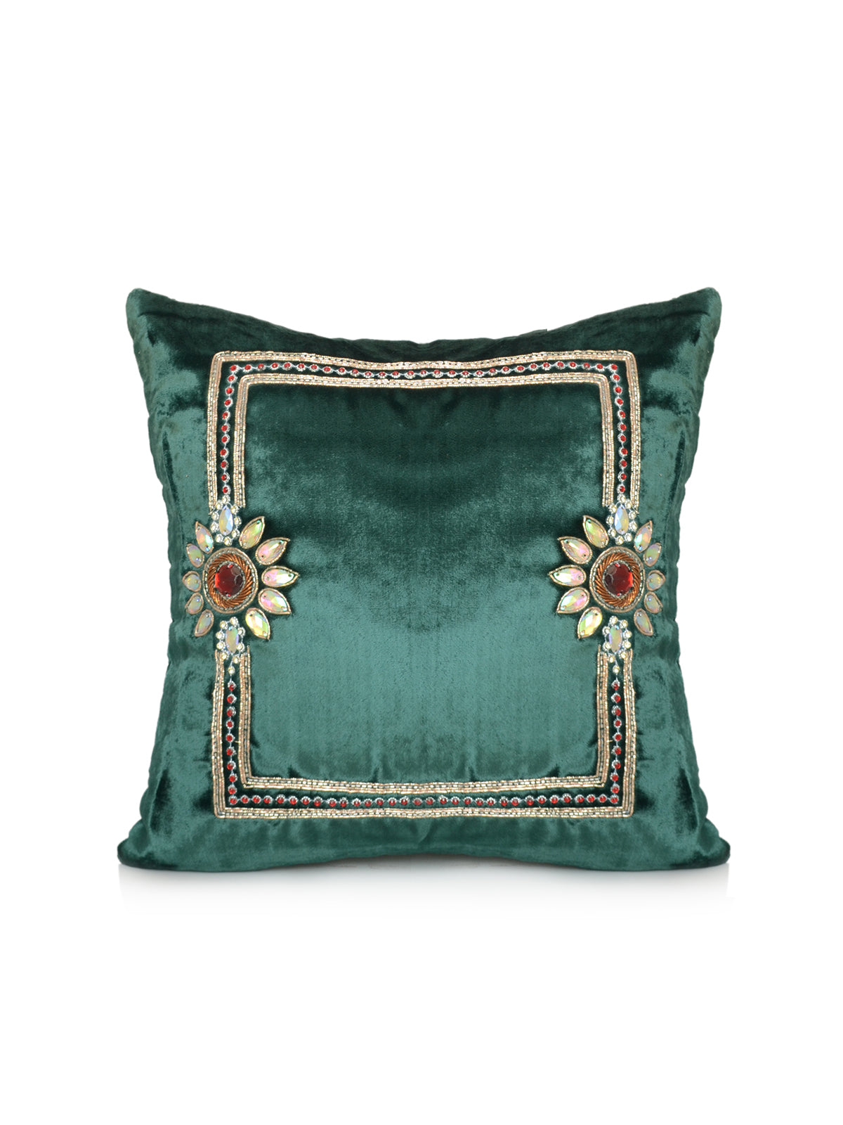 Teal green velvet cushion cover with a gold beaded border frame and two jewelled flowers