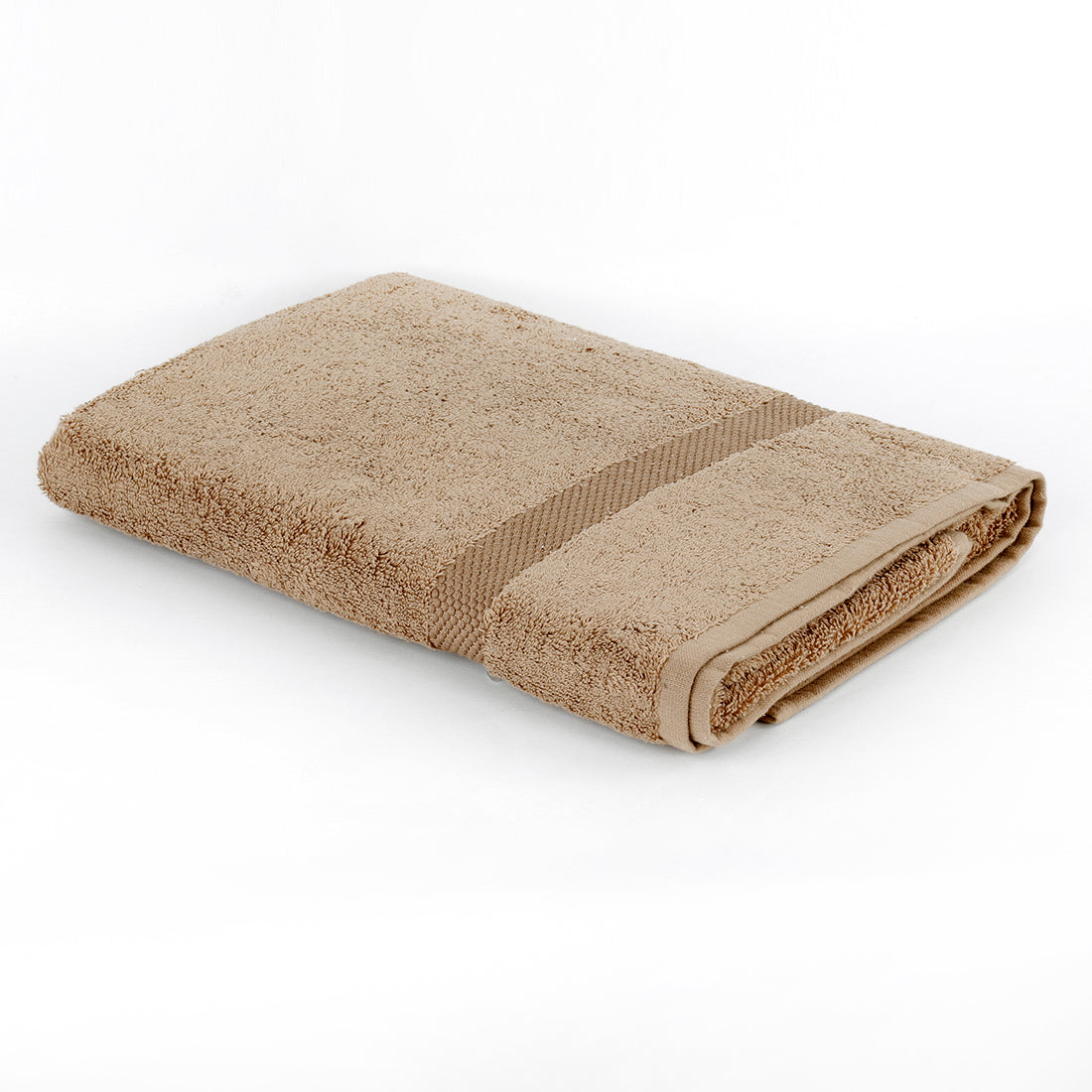 Sand-beige cotton bath towel folded on a white background with a ribbed woven border