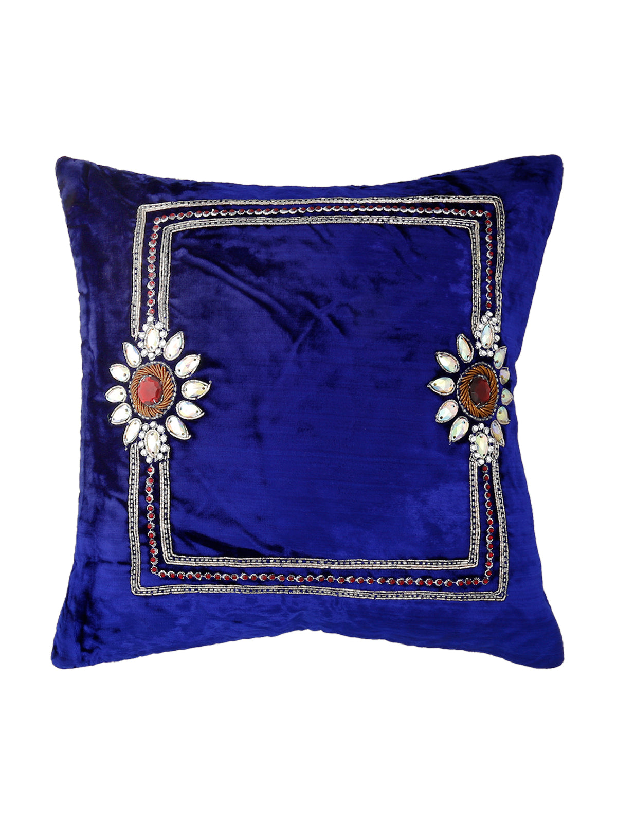 Royal blue velvet cushion cover with a silver zari embroidered border and floral medallions