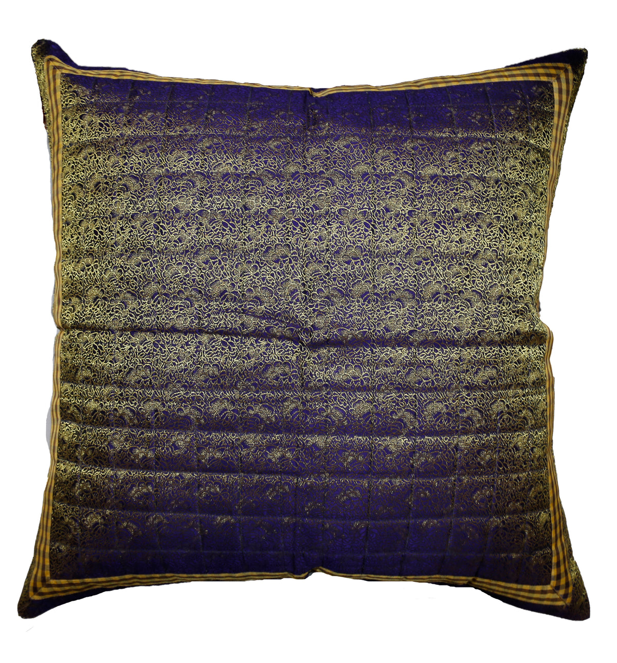 Deep navy-blue cushion cover with a gold paisley brocade pattern and a checked border