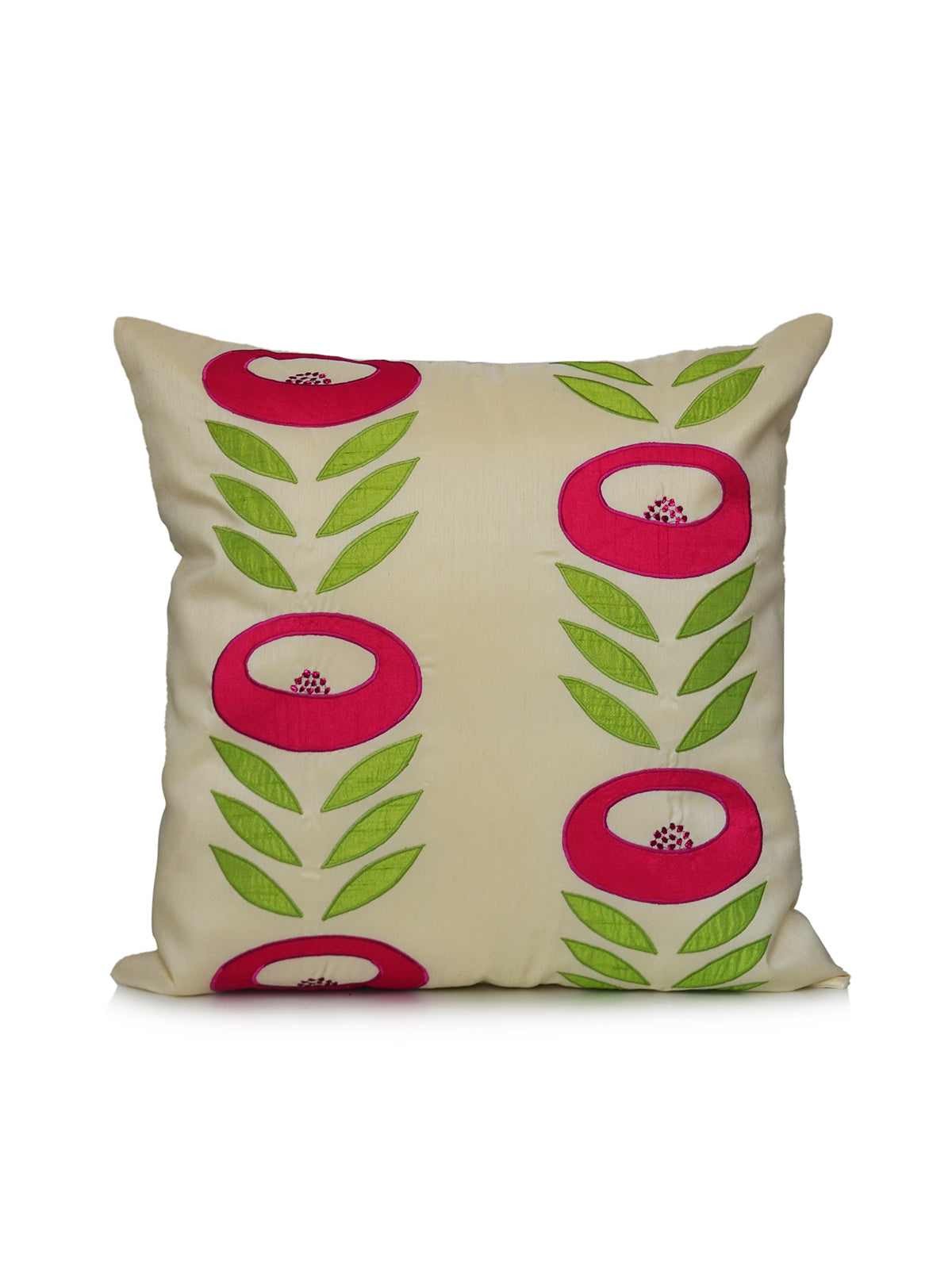 Ivory dupion silk cushion cover with a pink ring-flower and green leaf-vine applique