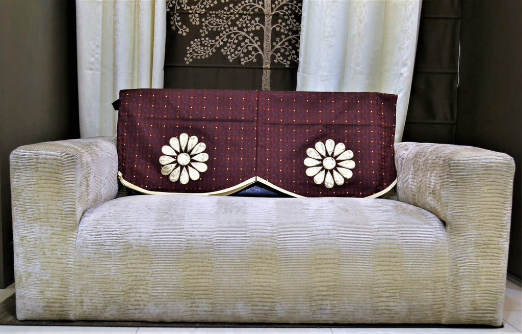 (Beige/Maroon)Sofa Back Patch Work Design -Polyester(57.5x62.5 Cm) - Jagdish Store Online Since 1965