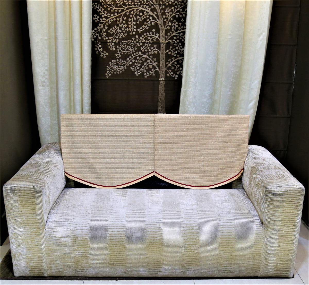 (Beige/Red)Sofa Back Patch Striped Design -Chenille(57.5x62.5 Cm) - Jagdish Store Online Since 1965