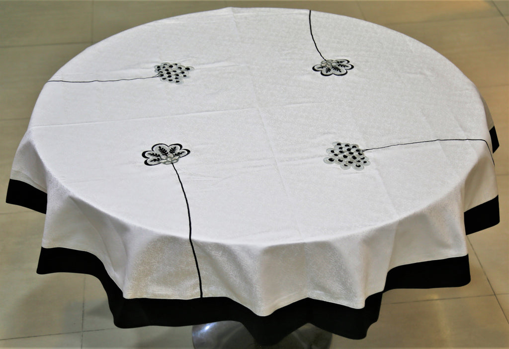 Patch Embroidery (60 Inch) Round Table Cover(Cream-Black)-Polyester - Jagdish Store Online Since 1965
