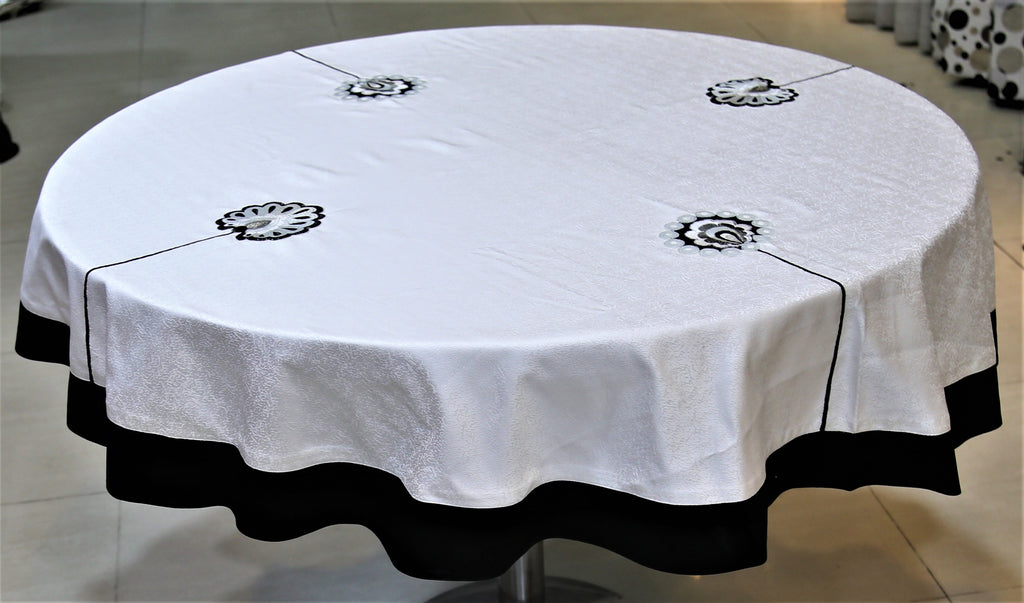 Motive Patch Embroidery (60 Inch) Round Table Cover(Cream-Black)-Polyester - Jagdish Store Online Since 1965