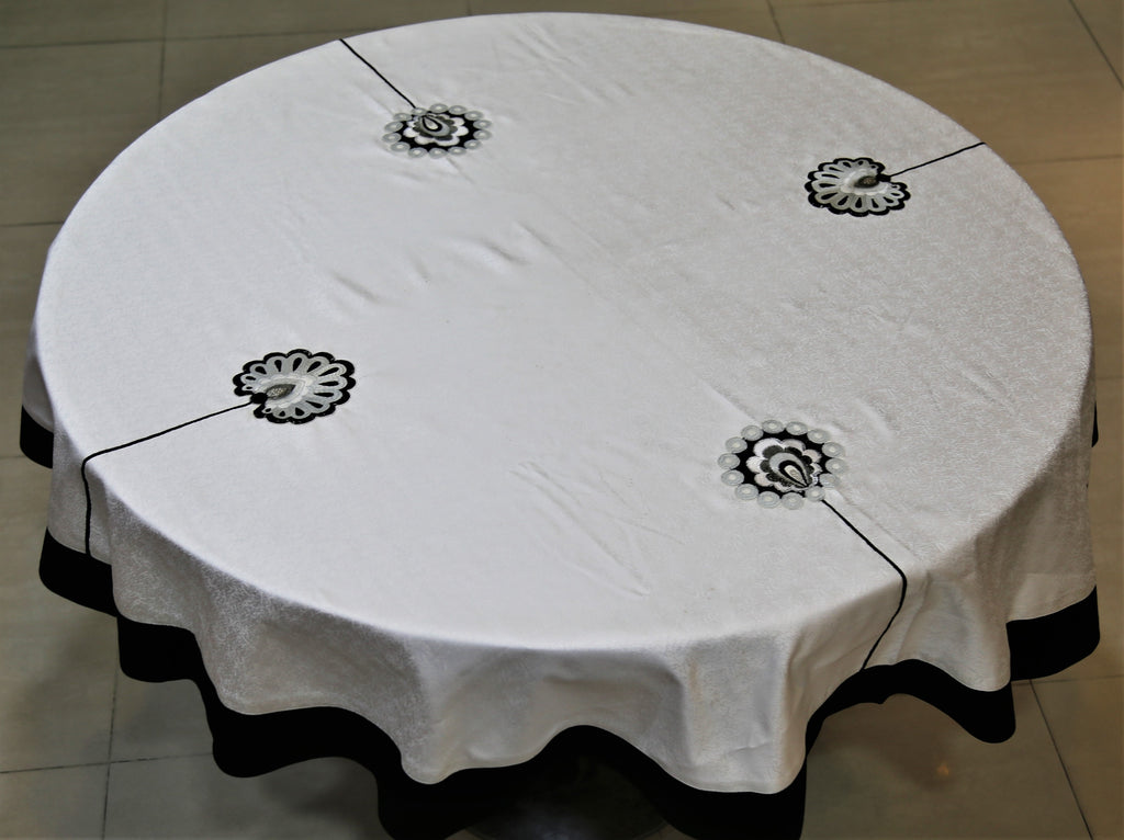 Motive Patch Embroidery (60 Inch) Round Table Cover(Cream-Black)-Polyester - Jagdish Store Online Since 1965