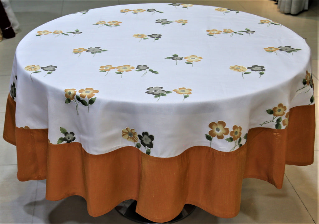 Printed(72 Inch) Round Table Cover(Cream-Orange)-Sheer - Jagdish Store Online Since 1965