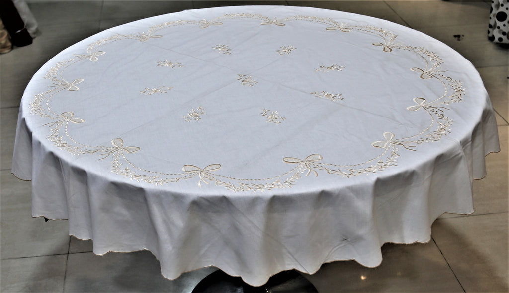 Embroidery(60 Inch) Round Table Cover(Cream)-Polyester - Jagdish Store Online Since 1965
