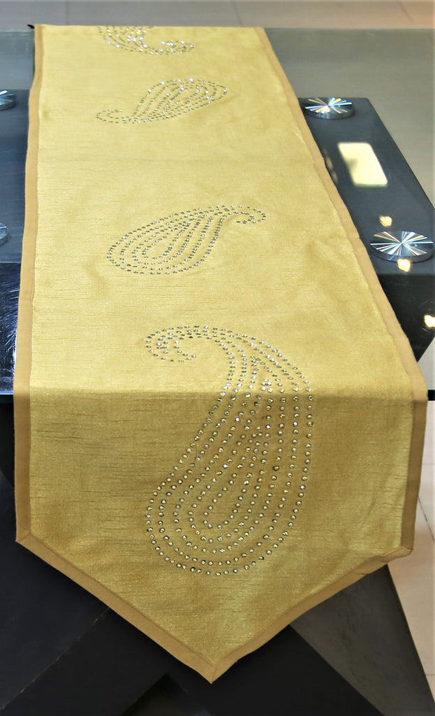 Sequence Work(14 X 72 Inch) Table Runner(Gold)-Dupion Silk - Jagdish Store Online Since 1965