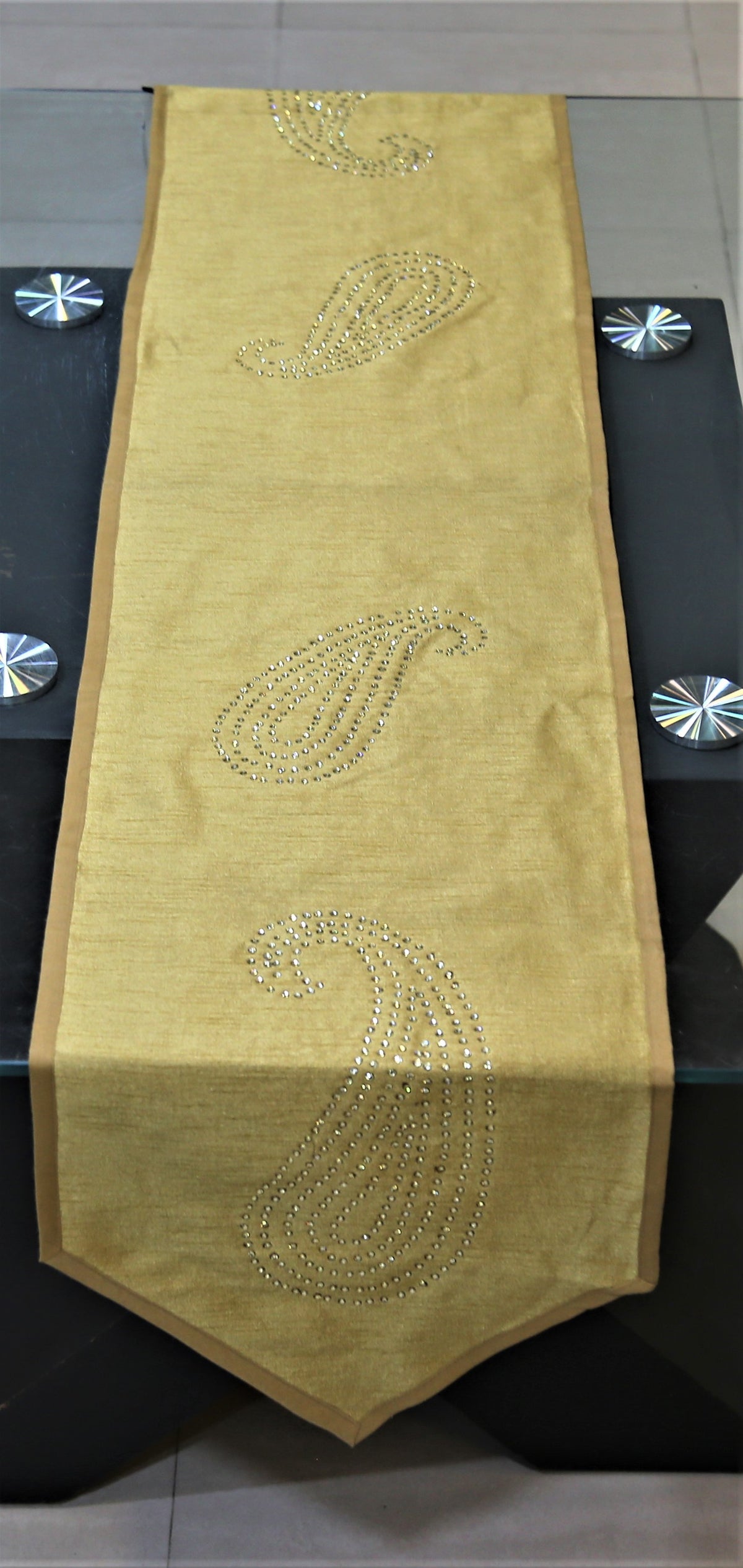 Sequence Work(14 X 72 Inch) Table Runner(Gold)-Dupion Silk - Jagdish Store Online Since 1965