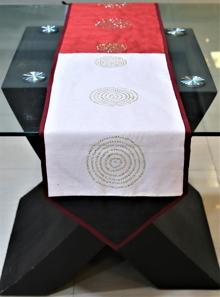 Sequence Work(14 X 72 Inch) Table Runner(Red/Black)-Dupion Silk - Jagdish Store Online Since 1965