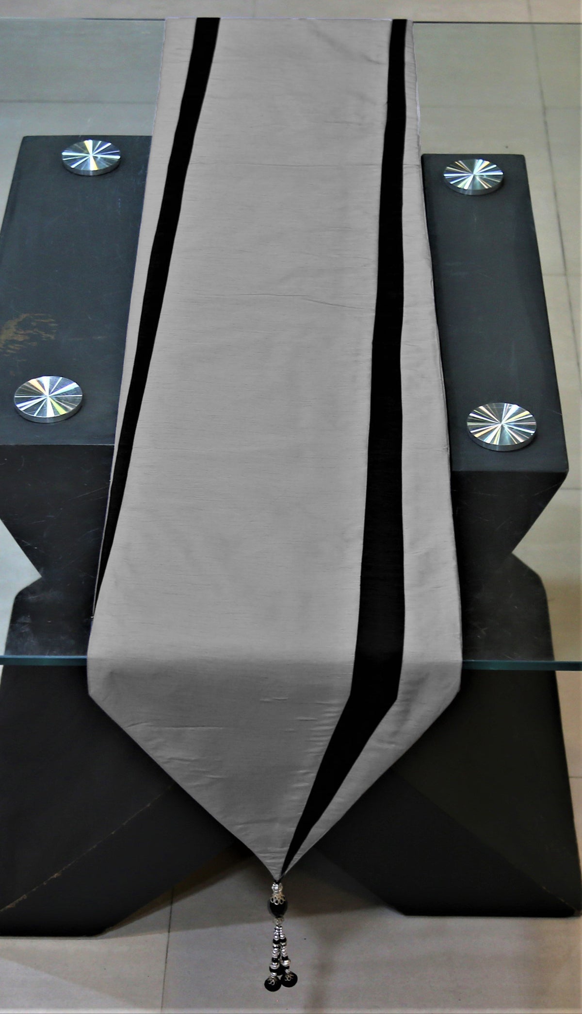 Connector(13 X 90 Inch) Table Runner(Grey/Black)-Polyester - Jagdish Store Online Since 1965