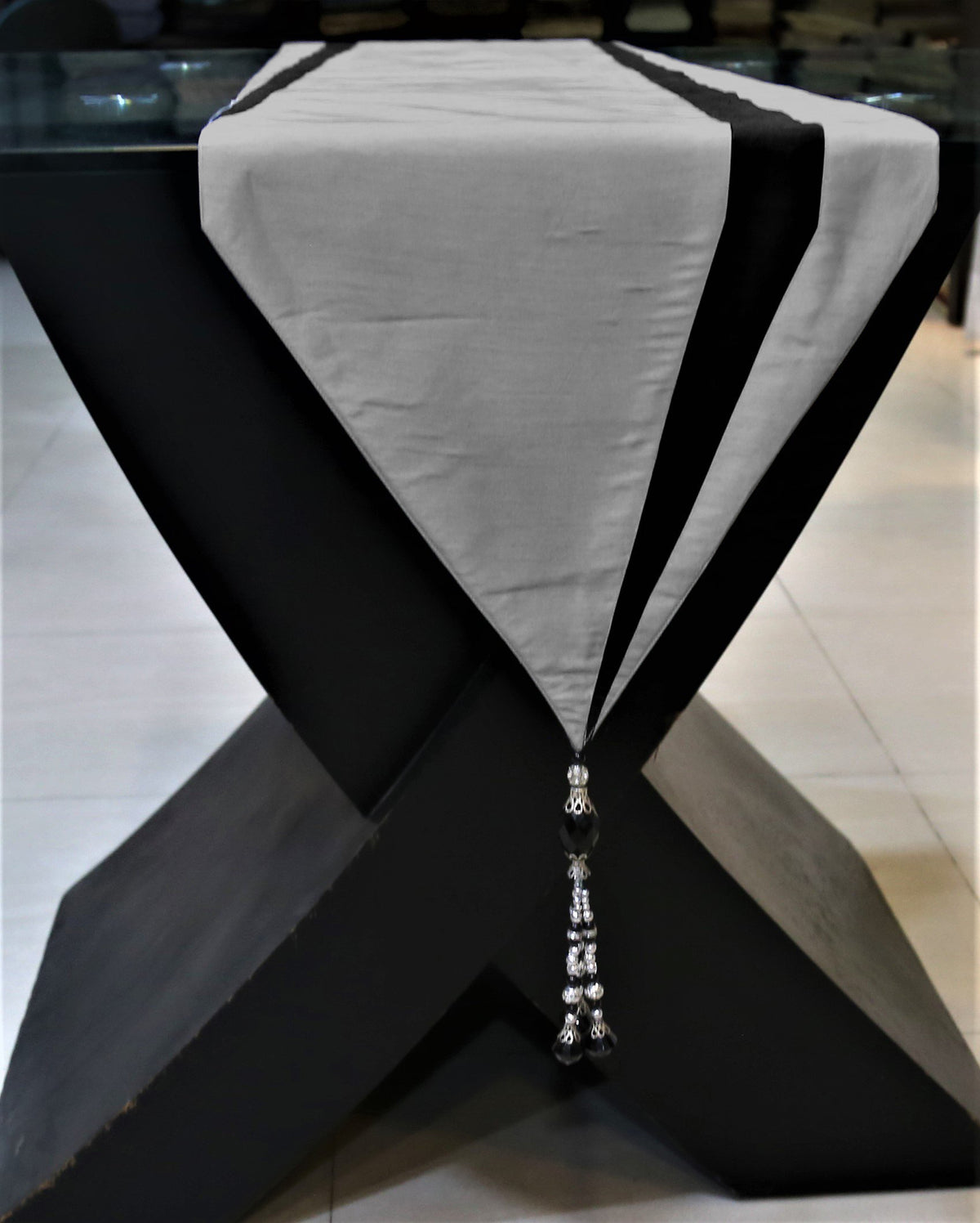 Connector(13 X 90 Inch) Table Runner(Grey/Black)-Polyester - Jagdish Store Online Since 1965