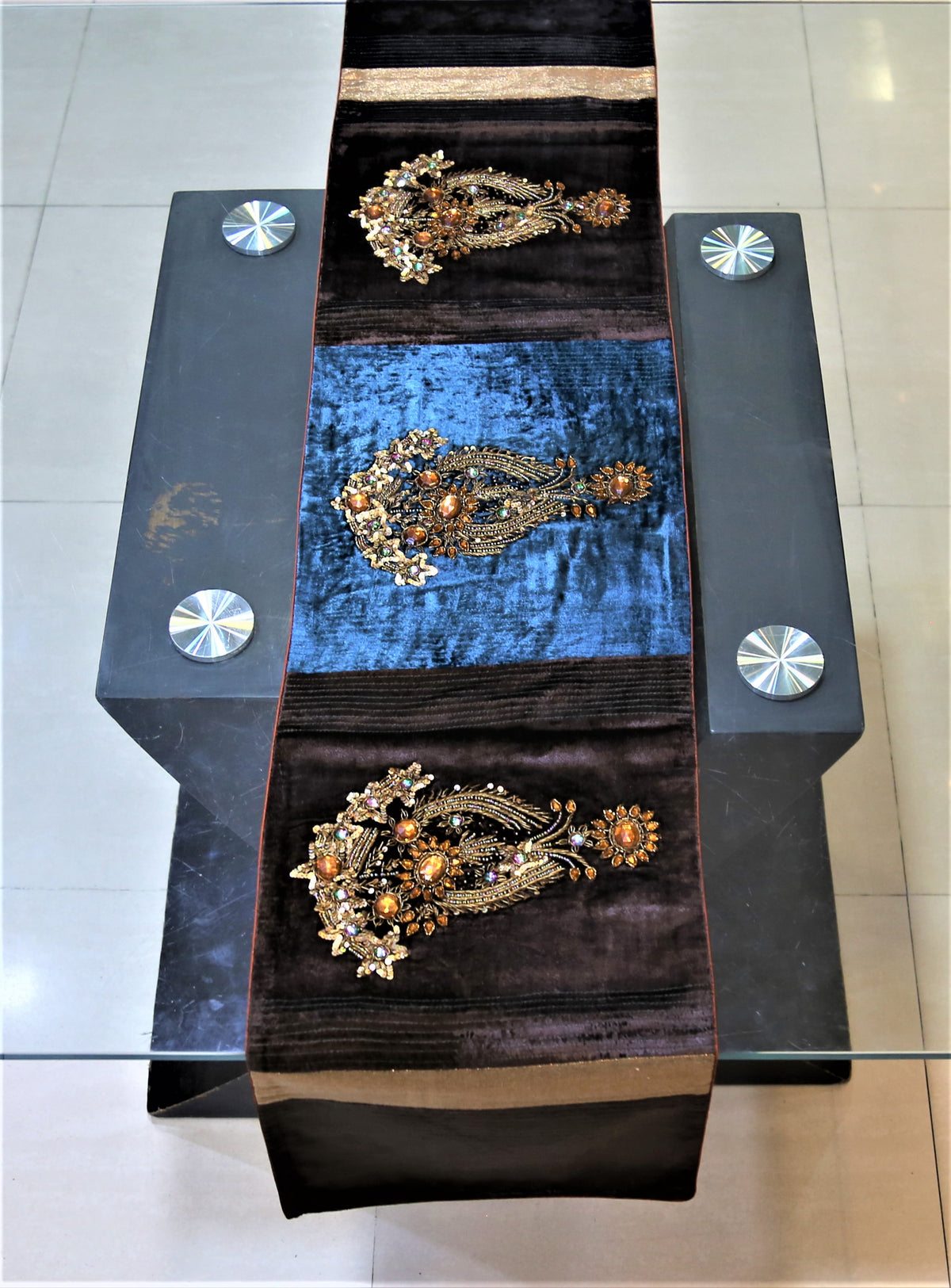 Sequence Work(13 X 60 Inch) Table Runner(Brown)-Chenille - Jagdish Store Online Since 1965