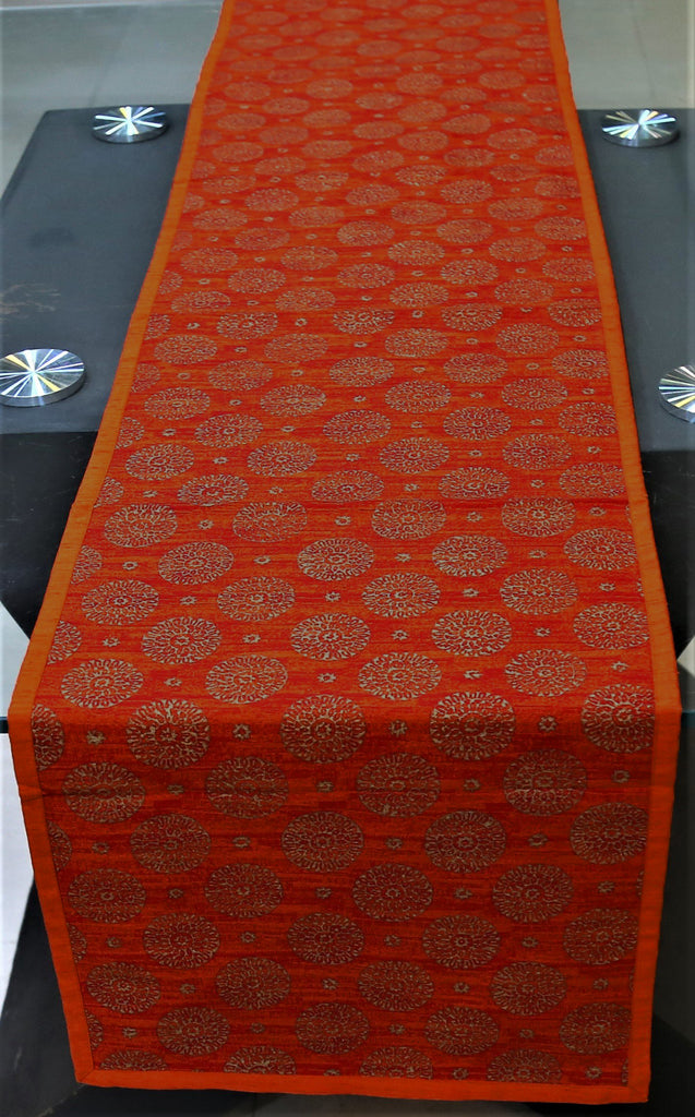 Block Printed Table Runner(Orange)-Dupion Silk - Jagdish Store Online Since 1965